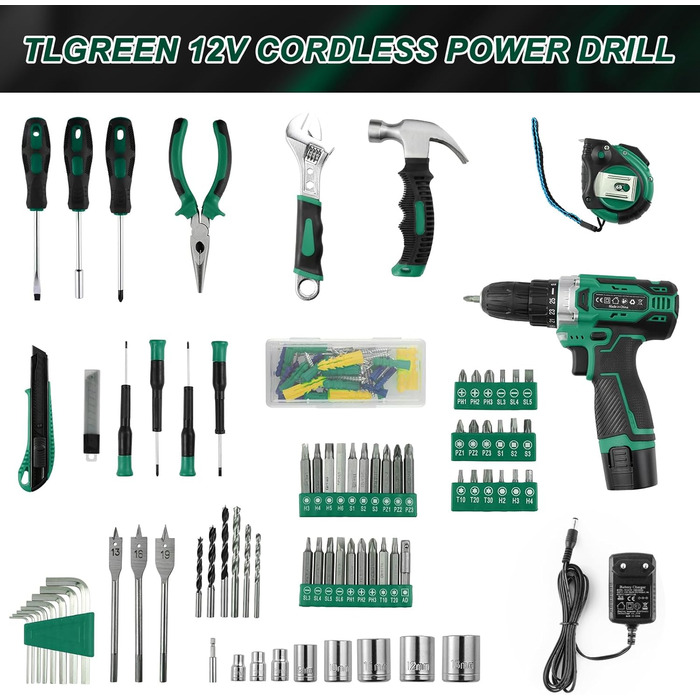 Набір інструментів TLGREEN 138 шт. з акумуляторною дриль-шуруповертом 12V для ремонту та DIY, електроінструмент