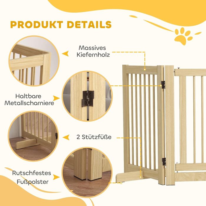 Захисне загородження для собак PawHut - 204 x 75 см, 4 панелі, білий, з натурального дерева