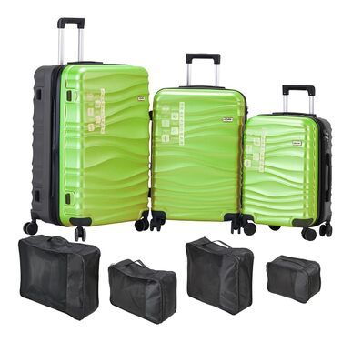 Набір валіз DMS® 7-елементів: 3 валізи (M/L/XL) з ABS-пластику, 360° колеса, кодовий замок + 4 чохли для одягу. Легкий, міцний, розширюваний, для подорожей та бізнесу (світло-зелений)