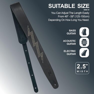 Гітарний ремінь Nefelibata з повномісної шкіри, з підкладкою з піни, з металевими заклепками, для електро-, акустичної та бас-гітари (2,5 см, чорний карбон) (Blitzschlag)