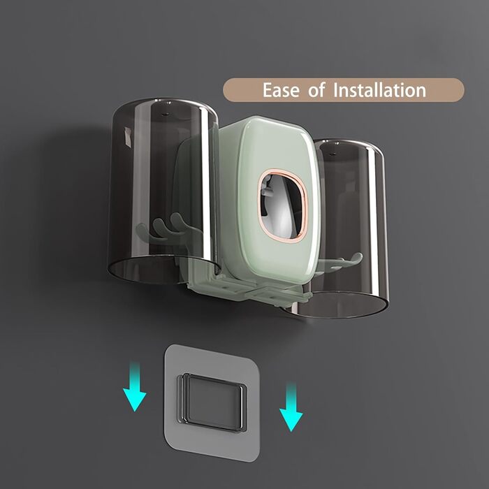 Настінний тримач для зубних щіток з автоматичним дозатором пасти, електричний для 4 щіток, 2 стаканчики, без свердління (зелений)