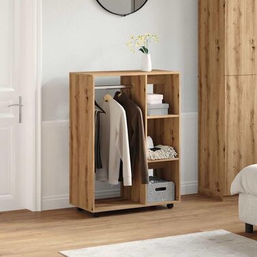 vidaXL Wardrobe with Open Compartment, 3 Side Shelves, Wheels, Coat Rack, Wardrobe, Bedroom, Closet, White 80x40x110cm Wood-Based Material (Handcrafted Oak)