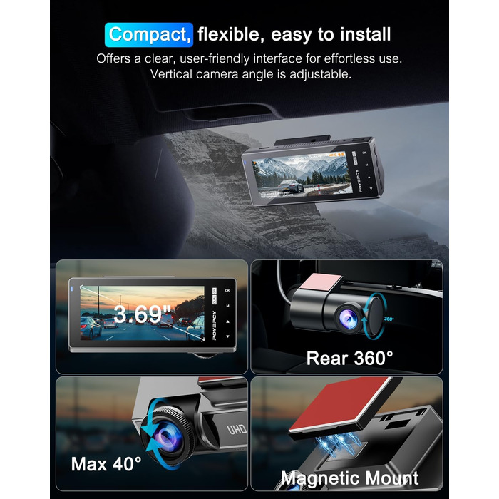 Відеореєстратор у машину 4K+1080P з CPL фільтром, 360°, WiFi, IPS 3.69