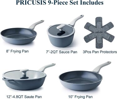Сковорода з антипригарним покриттям PRICUSIS з кришкою, 20.3 см, 9 предметів. Без PTFE, PFOA та PFAS. Для здорового приготування їжі. Підходить для індукційних плит.