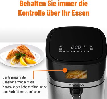 Фритюрниця Noaton з гарячим повітрям 6,2 л, цифровий Air Fryer, 8 програм, 1600 Вт, без олії, регулювання температури 80-200°C, з кулінарною книгою та кухонними щипцями, компактна