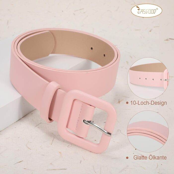 Жіночий шкіряний пояс JasGood пастельно-рожевого кольору, широкий, з квадратною пряжкою для джинсів, штанів та суконь, 110 см (під талію 76-88 см)