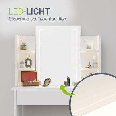 Туалетний столик Juskys Zoey з LED-підсвіткою, дзеркалом, шухлядою, 3 відділеннями та шафкою, 90x38x137 см, білий, дерев'яний косметичний стіл з LED-дзеркалом