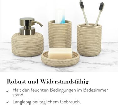 ZCCZ Bathroom Set – 4-Piece Organizer Set with Toothbrush Holder, Soap Dispenser, Cosmetic Bowl, and Cotton Swabs – Elegant Stone-Look Decor, for Modern Bathrooms (Beige 4pcs)