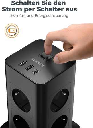 Блок розеток TESSAN із захистом від перенапруги 3600W 16A, 8 розеток + USB-C, подовжувач 2м, сірий, 1 USB-C (сірий&білий)