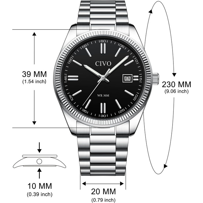 Чоловічий годинник CIVO з нержавіючої сталі: аналоговий бізнес-годинник з датою, що світиться - водонепроникний для роботи та відпочинку - стильний подарунок для чоловіків, чорний 8349