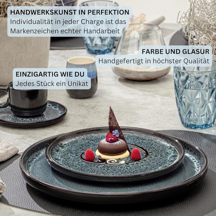 Набір посуду SÄNGER Manila 24 частини: 6 тарілок, 6 сніданок, 6 глибоких тарілок, 6 мисок для пасти, блакитний з чорним обідком, кераміка для 6 осіб