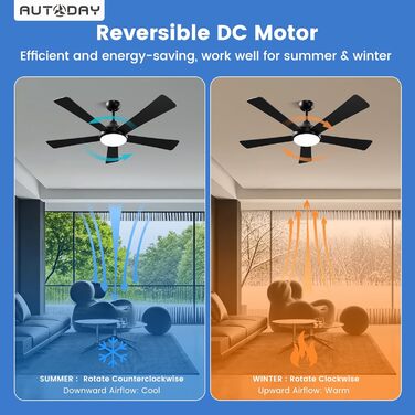 Дерев'яний стельовий вентилятор з підсвічуванням, LED 24W, тихий DC-двигун 38W, 132 см, з пультом дистанційного керування, 6 швидкостей, таймер, (Чорний)