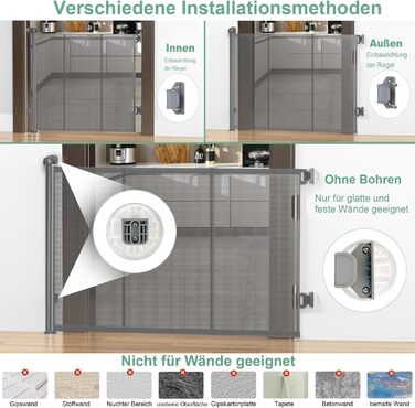 Retractable Baby & Pet Gate with Lock - 150cm Wide, 83cm High - Automatic Locking, Grey