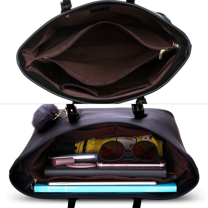 Стильна жіноча сумка-шопер LI&HI для навчання та міста, чорна з помпоном 34x29x15.5 см