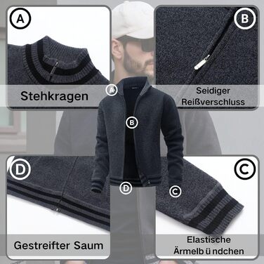 Чоловічий светр з кишенями та коміром-стійкою, флісова підкладка, кардиган, повсякденний зимовий светр, куртка на блискавці, теплий, манто (сірий, L)