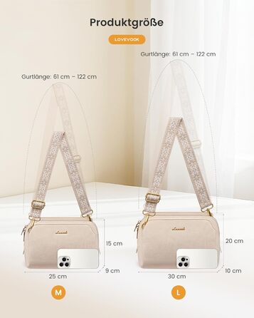 Сумка жіноча LOVEVOOK через плече, бежева: кросбоді, сумка середнього розміру, RFID-захист, 2 ремені 25x15x9 см
