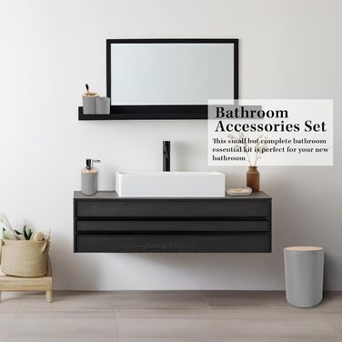 Набір аксесуарів для ванної кімнати Britimes, сірий: душова завіса, відро, дозатор мила, тримач для туалетного йоржика, тримач для зубних щіток та стаканчик для зубних щіток