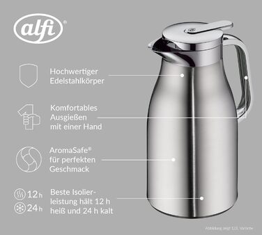 Термос Alfi SKYLINE 1.0л з нержавіючої сталі з гігієнічним скляним вкладишем, кришкою з поворотним механізмом та зручною кнопкою, ергономічною ручкою, для кави та чаю