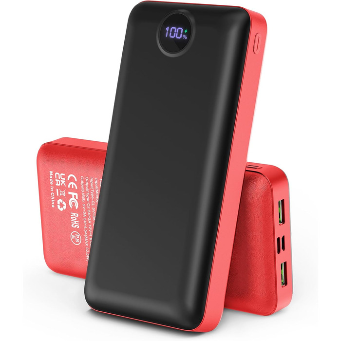 Power Bank 50000mAh з LED дисплеєм: Швидка зарядка 22.5W, 3 виходи USB-C, 2 входи, сумісний з iPhone, iPad, Android, червоний (XX-Large)