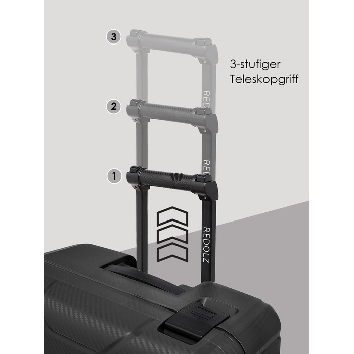 Набір валіз REDOLZ Hartschalen 3-ті: міцний поліпропілен, TSA-замок, 4 колеса, система 3-точкового закриття. Розмір M (65 см), Deep Black.