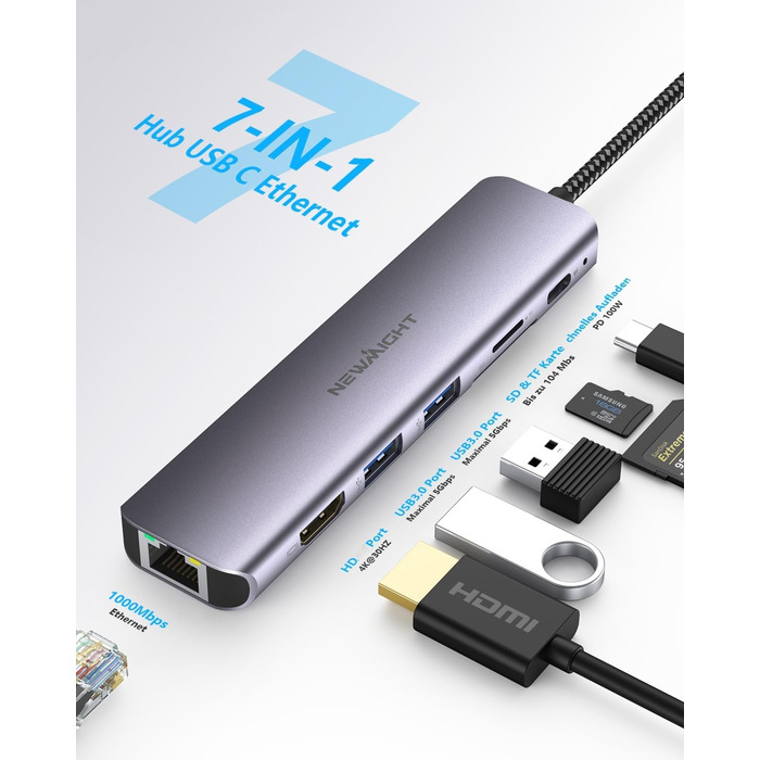 Док-станція для ноутбука Newmight з двома HDMI, підтримка 2 моніторів 4K, Ethernet 1 Gbps, PD 100W, 3 USB 3.0, SD/TF Reader, USB-C, для HP/Dell (сіра)