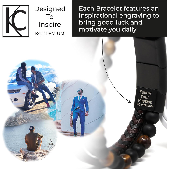 Чоловічий шкіряний браслет з тигровим оком та лавовим каменем | Ручна робота, гравірування, регульований магнітний замок | Чорно-коричнево-синьо-срібний, з подарунковою коробкою