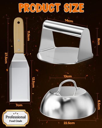 Набір для приготування бургерів Warmodern 3-TLG з нержавіючої сталі: прес 14 см, дзвоник, лопатка | Професійний аксесуар для гриля