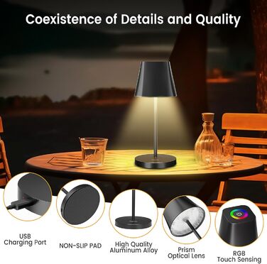 LED настільна лампа Quntis бездротова, торкання, регулювання яскравості, акумулятор, USB зарядка, 3000K-5000K, IP44, вологостійка, для столу, кемпінгу, балкону, чорна, RGB, 3 кольори світла