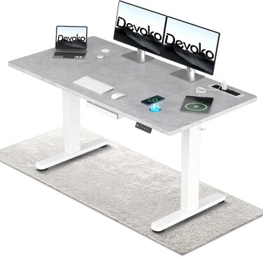 Devoko Adjustable Standing Desk, Electric Standing Desk with Wireless Charger, Memory Control, 3 USB Ports, 360° Swivel Wheels (Gray & White, 140 x 70 cm)