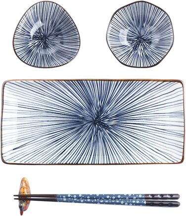 Набір керамічного посуду Artcome 10 шт. у японському стилі: 2 тарілки для суші, 2 соусники, 2 тарілки для закусок, 2 пари паличок для їжі, 2 підставки для паличок. Колір: блакитний.