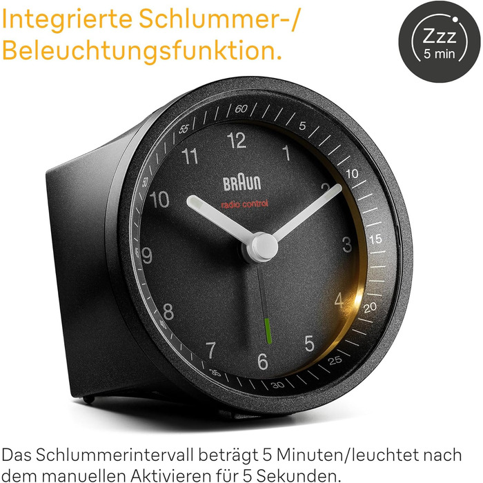 Classic analog radio alarm clock by Braun for the Central European Time Zone (CET/GMT+1) with snooze function and light, quiet movement, crescendo alarm in black, model BC07B-DCF