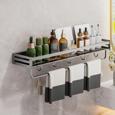 Настінна поличка для душу без свердління, 60 см, сірий колір. Організатор для ванної кімнати з великою місткістю та гачками. Нержавіюча сталь.