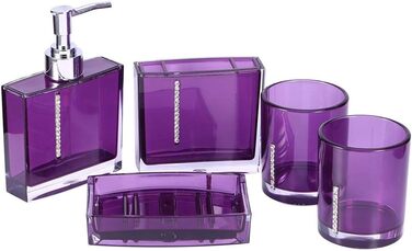 5-Piece Bathroom Accessory Set includes emulsion bottle, toothbrush holder, 2 rinsing cups, soap dish, plastic gift bath set, white (purple)