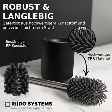 Торцева щітка для унітазу з нержавіючою ручкою - комплект з 2 насадками для ванної кімнати. Стійка, кругла щітка для туалету. Гігієнічна, антибактеріальна (чорний)