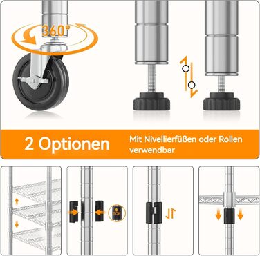 Himimi 5-Tier Rolling Wire Shelving Unit with Adjustable Height and Leveling Feet