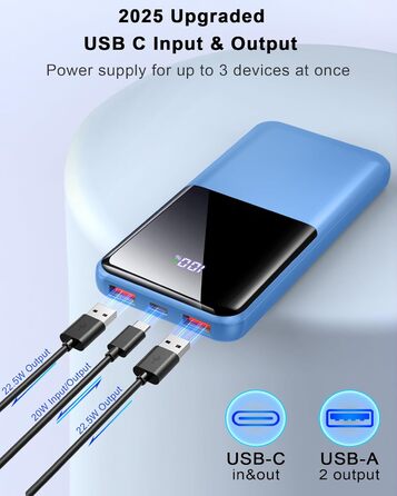 Power Bank 10000mAh, 22.5W, PD USB-C, для iPhone, Samsung та інших, чорний/синьо-чорний