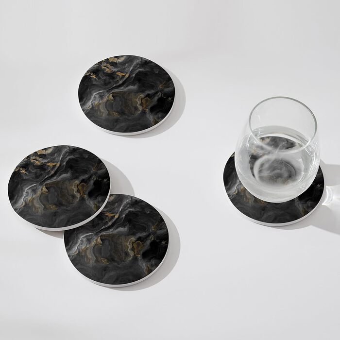 Set of 6 abstract dark blue marble coasters with holder, absorbent ceramic coasters for drinks, coasters with cork backing for table protection, housewarming gifts (Abstract Black Marble)