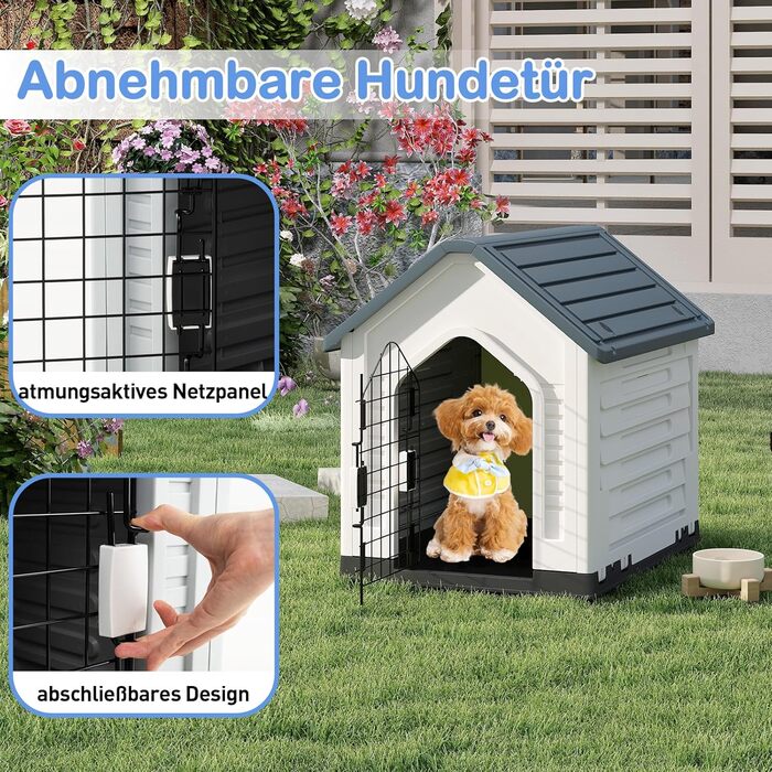 Будка для собак GOPLUS Outdoor, вологостійка з закривною решітчастою дверцятами та піднятим дном, вентиляційні отвори, похила дах, клітка для собак Indoor, будиночок для домашніх тварин для собак та котів (Сірий)