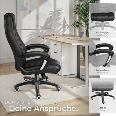 Офісний крісло Tectake, крісло для шефа, поворотне крісло на колесах, комп'ютерне крісло, регульоване по висоті, ергономічне крісло з екошкіри, з підлокітниками та функцією гойдання, 12 см підкладки - чорне