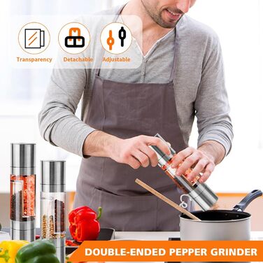 Мельниця для солі та перцю з керамічним жорном, сталеве маточне колесо, регулювання помелу, скло та нержавіюча сталь