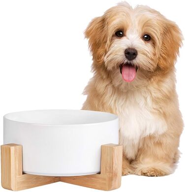 Керамічна миска для корму для собак та котів з дерев'яною підставкою, 850 мл, білий колір