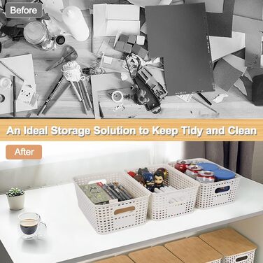UHAPEER Storage Box with Bamboo Lid, 6 Piece Storage Basket, Plastic Basket Storage, Kitchen Organizer White, Stackable Storage Boxes, Box with Lid 25.6 x 18 x 10.7 cm