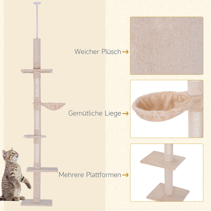 PawHut Cat Tree, Ceiling-High, H230-260 cm, Adjustable Height Climbing Tree for Cats, Stable, Beige | Aosom