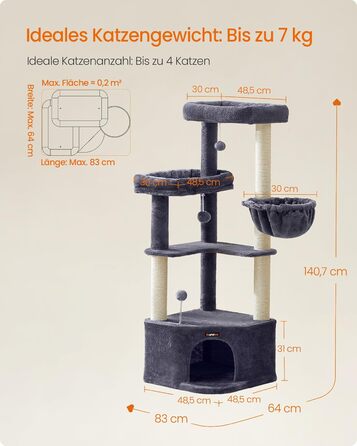 Дряпка для котів Feandrea, кігтеточка з гамаком, платформами та іграшками, 140.7 см, сіра (PCT009G01)
