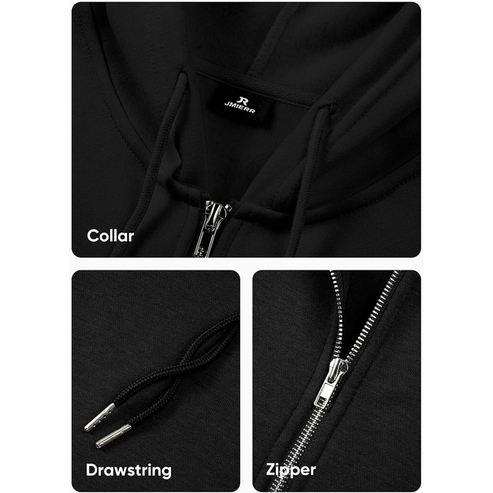 Світшот JMIERR чоловічий з капюшоном, чорний, XL. Теплий, з кишенями, на блискавці, з довгими рукавами. Матеріал: бавовна.