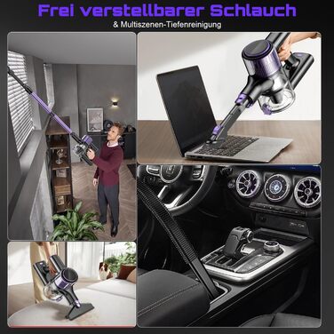 Бездротовий акумуляторний пилосос 45000 Па/500 Вт/45 хв з висувним шлангом 73 см, LED-дисплеєм та щіткою Anti-Tangle для твердих поверхонь, килимів та шерсті тварин, фіолетовий