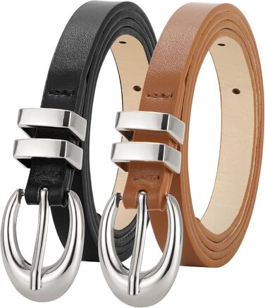 Жіночі шкіряні ремені WERFORU: 2 шт. у комплекті. Тонкі ремені для джинсів, штанів, суконь. Розміри: 78-93 см та 99-114 см (Чорний+коричневий)