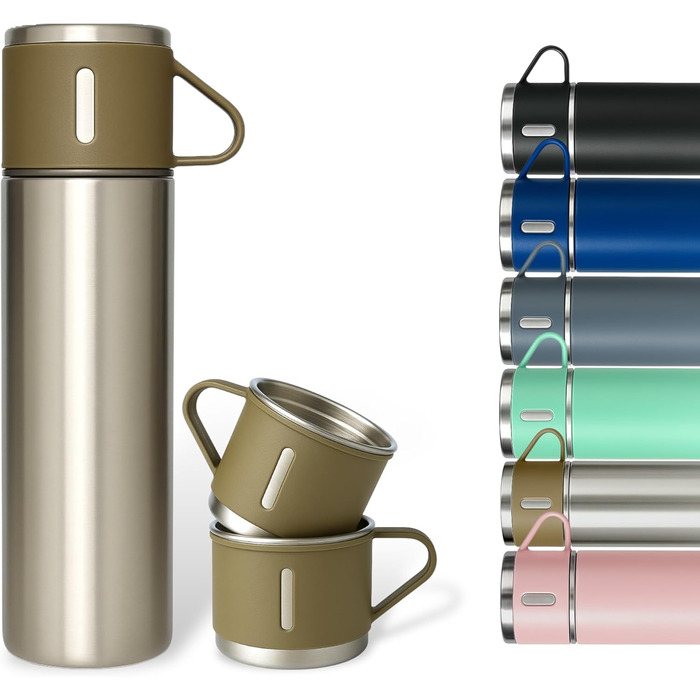 Термос 500 мл з нержавіючої сталі – 2 чашки з ручками – без витоку, BPA-free – з щіткою для чищення – колір: сріблястий