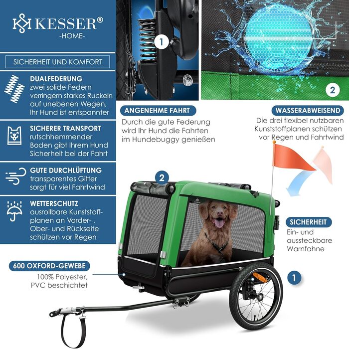 KESSER® Візок для собак Боксер 3-в-1: візок, буксир, велосипедний причіп. Великий об'єм 240 л, амортизація, поворотне переднє колесо 360°, матеріал 600D Oxford Canvas, SmartSpace, вантажопідйомність 40 кг, зелений