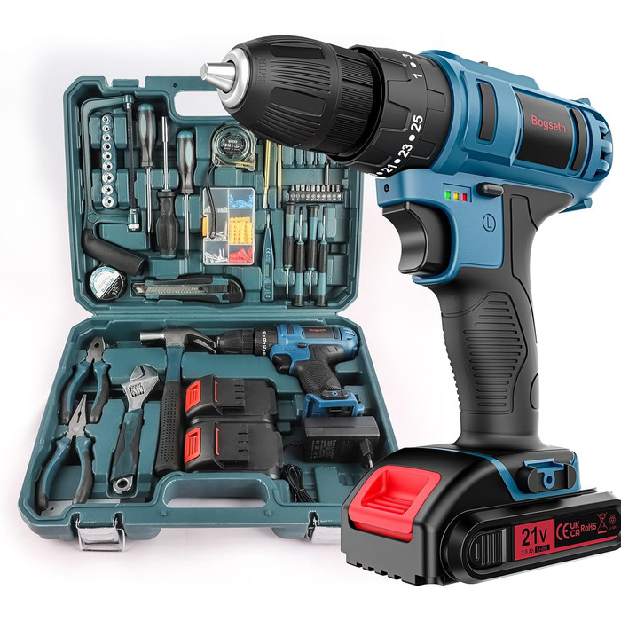 Акумуляторний шурупокрут Bogseth 21V з набором інструментів 112 шт. для дому та саду